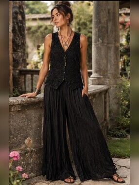 Jasmine by KVM Black Beaded Crinkle Rayon Wide Leg Jumpsuit Boho Gothic Festival
